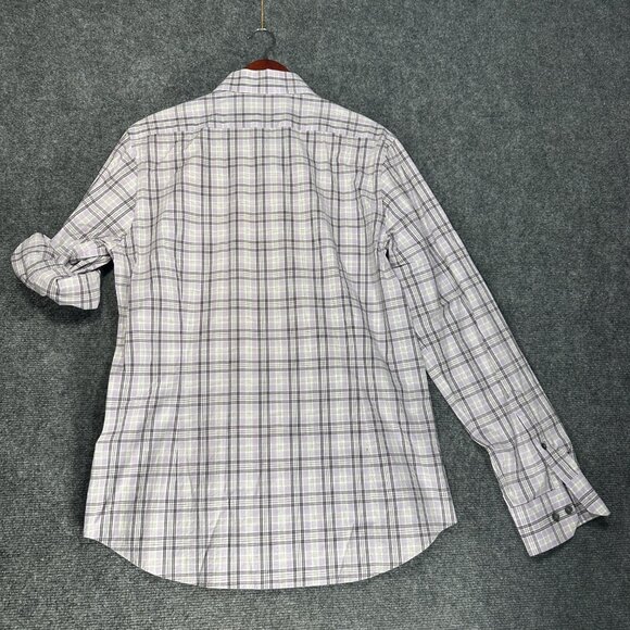Express Shirt Mens Large Fitted Button Up Purple Stretch Plaid Roll Tab Sleeve - Picture 9 of 10